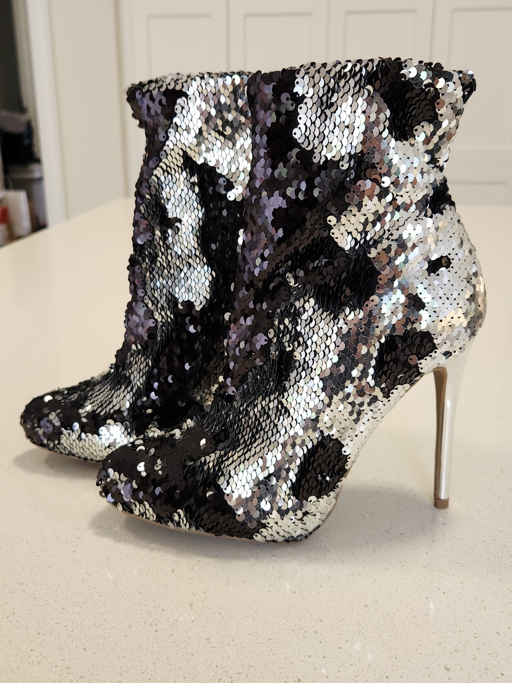Wild Diva Reversible Sequin Ankle Booties in Black & Silver